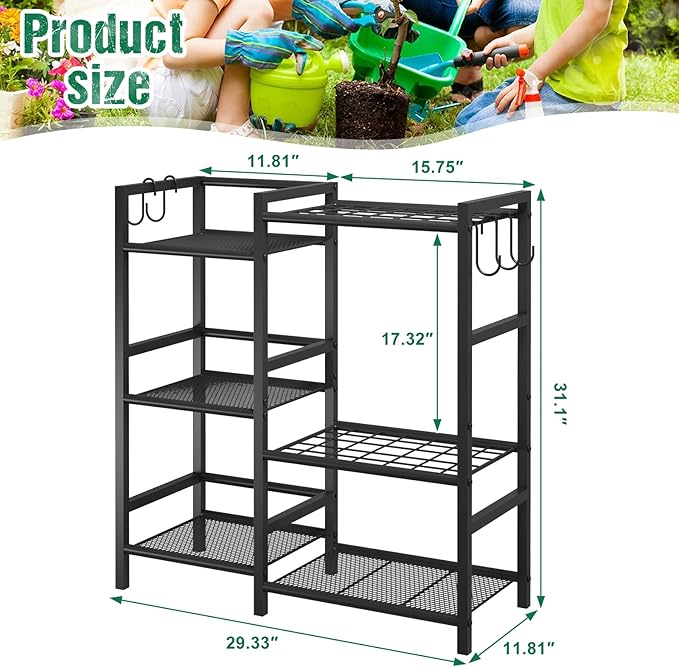 keomaisyto Garden Tool Organizer with Large Hooks, Garage Storage Rack | 3 Tier Yard Tool Holder with 35 Long-Handled Tool Slots, Heavy Duty Garden Tool Rack for Shed, Yard, Garage
