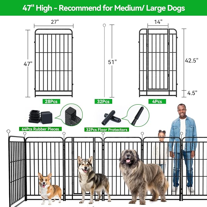 Kfvigoho Heavy Duty Dog Playpen 32 Steel Panels 47" Height | Square Steel Pipe with Reinforced Crossbars, 71FT 406 Sq.ft Portable Dog Fence Outdoor for Yard & RV Camping, Snowy Black