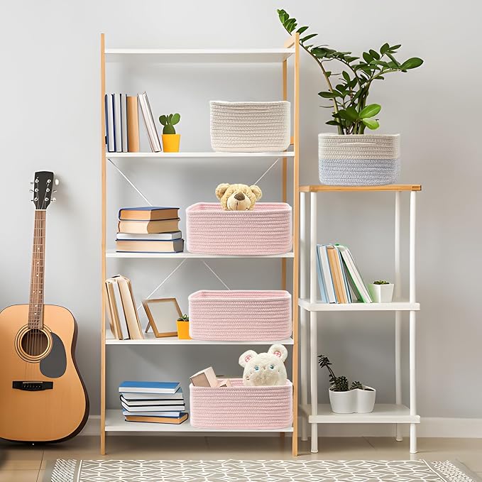 COMFY HOMI 11.5"x7.5"x4.7" Storage Baskets for Organizing | Cotton Rope Woven Basket | Toy Storage Bin Box | Basket for Shelves, Closet Organizer Bin, Decorative Closet Shelf, 3 Pack,