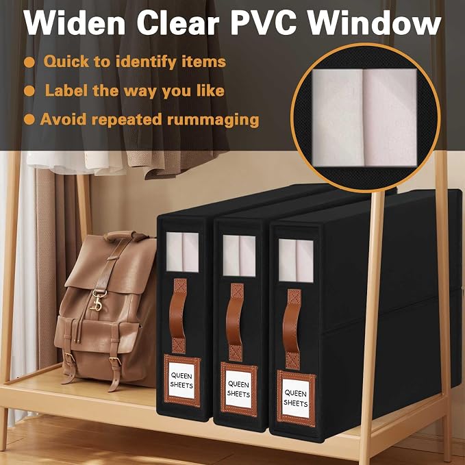 Bed Sheet Organizers and Storage, 4Pack Foldable Organizer for Linen Closet | 800D Thickened Fabric, Clear Window & Labels, Leather Handle, Dust & Moisture Proof, Fits King & Queen Sheet Sets