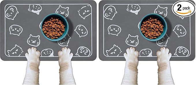 YCT Cat Food Mat for Pet Dog Feeting Mats, Cat Mat for Food and Water, Non-Slip Super Absorbent, with Multiple cat Heads Logo，18.1 x 11.8 inches, Dark Grey (Pack of 2)