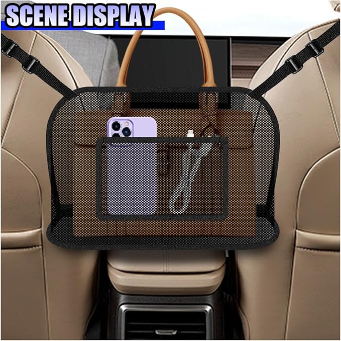 Car Net Pocket Handbag Holder, Large Capacity Automotive Organizer Mesh Pouch Between Front Seats, Auto Backseat Barrier for Pet Kid, Universal Vehicle Storage Bag for Women Men(Black)