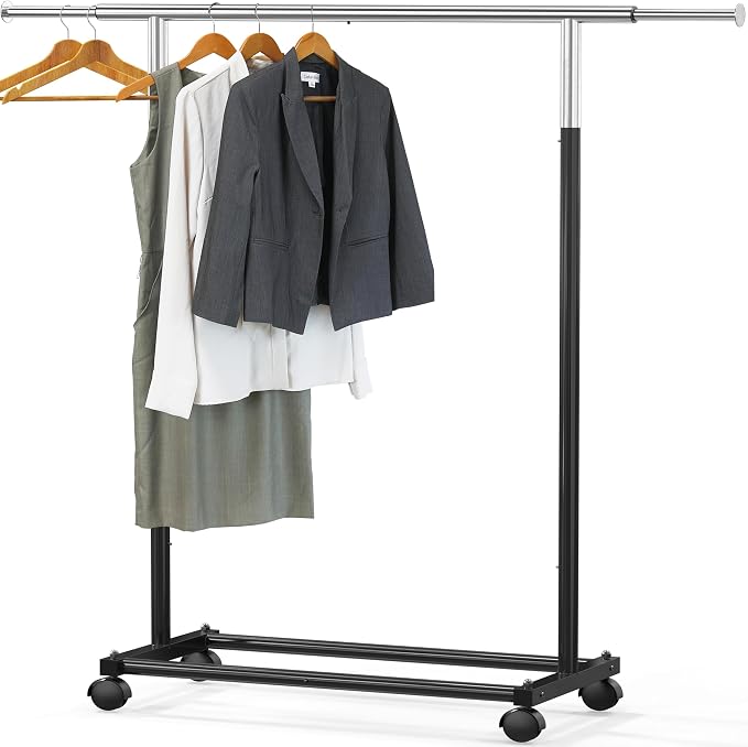 Simple Houseware Standard Rod Garment Clothing Rack, Black | Single Rail, Extendable Width from 30 to 47 Inches, Rolling Clothing Organizer for Bedroom, Laundry, Living Room