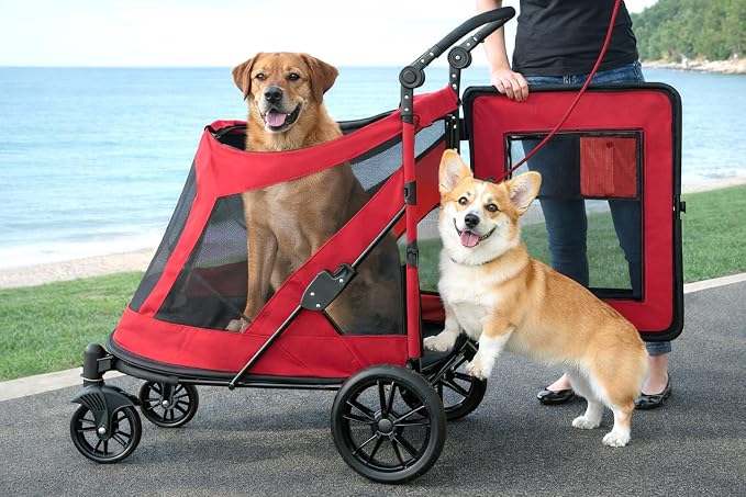 Pet Gear No-Zip Excursion Pet Stroller, Apple | Dual Entry, Push Button Zipperless Entry, For Single or Multiple Dogs/Cats, Gel-Filled Tires