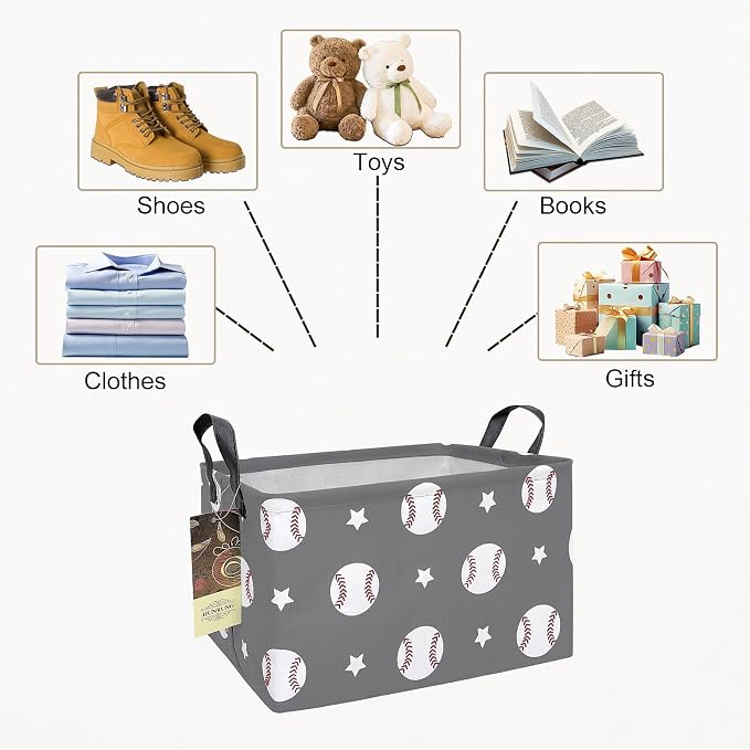 Rectangle Foldable Storage Basket Handles For Home, Grey Baseball | Waterproof canvas material, reinforced handles, perfect for shelf use, organizes clothes, daily items and pet supplies