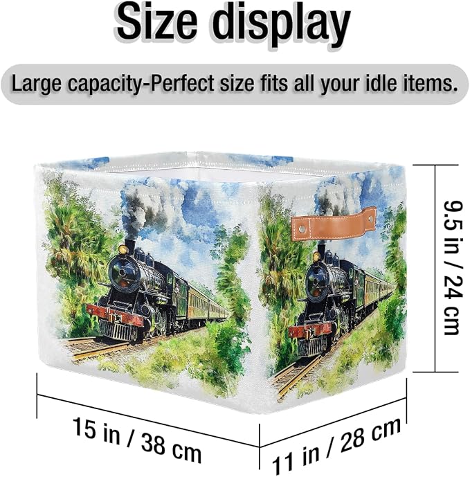 OSAM SPACE Storage Basket Bin Vintage Steam Train Rectangular Storage Basket Cube With Handles, Laundry Storage Organizer Basket for Toy Nursery Closet Shelves Bedroom Home