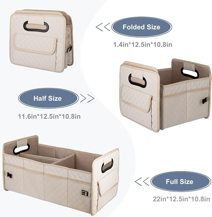JiatuA Car Trunk Organizer for SUV, Car Storage Organizer Collapsible Multi Compartment Container Box Adjustable Car Accessories for Women Men, Beige | Sturdy, Large Capacity, Diamond Decor, Multi Compartment Container Box Adjustable Car Accessories fo...