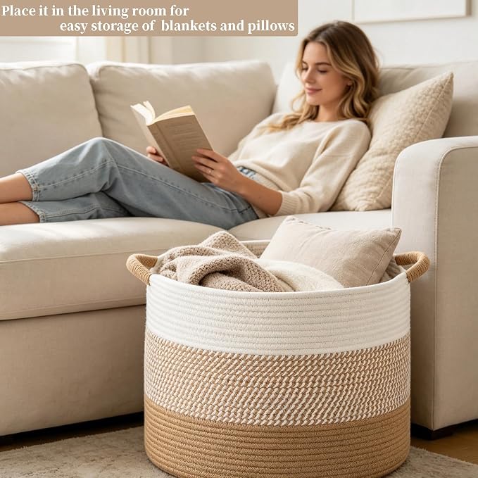 Large Cotton Rope Storage Basket, 70L Collapsible Woven Storage Bin Woven Blanket Basket with Handles Decorative Storage Bin for Living Room Bed Room Toys Laundry
