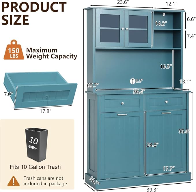 LOUVIXA 68.4" Kitchen Pantry Storage Cabinet, Freestanding Cupboard with Shelf, 2 Drawers and 2 Tilt Out Trash Cabinet, Tall Cabinets for Kitchen, Dinning Room, Living Room (Deep Teal, Double Tilt)