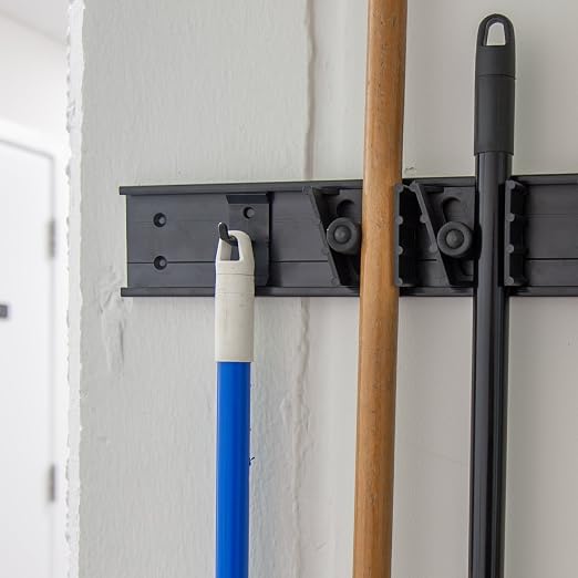 Carlisle FoodService Products Roll 'N Grip Plastic Broom Holder Wall Mount, Bathroom Organizer, Kitchen Organizer with Quick Release for Kitchen, Restaurant, Home, 1.75 Inches, Black, (Pack of 12)