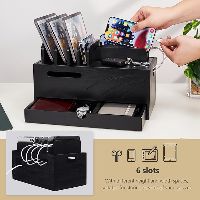Homde Bamboo Charging Station Organizer: Charger Rack for Multiple Devices | Cable Cord Management Box with 6 Compartments and Drawer - Electronic Docking Stand for Chargers Phones Tablets (Black)