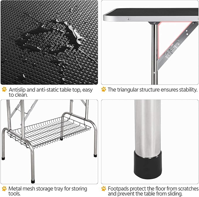 Pet Dog Grooming Table, Adjustable Large Heavy Duty Professional Foldable Trimming Stage with Arms, Noose, Mesh Tray, Maximum Capacity Up to 330LBS, 46''/Black
