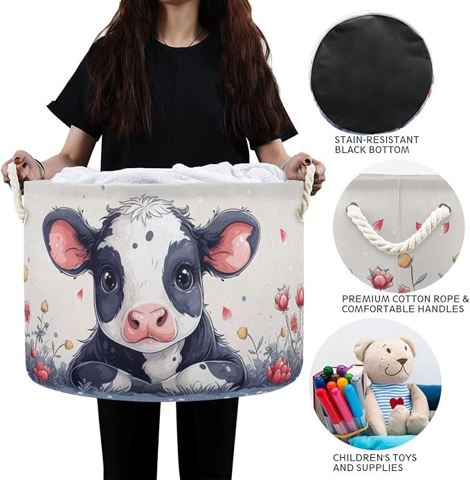Cute Cow Print Collapsible Round Storage Basket with Handles | Farm Animal Flower Large Laundry Baskets Hamper, Organizer Bin for Nursery Bedroom Living Room Decor, 20x 20x 14 Inches