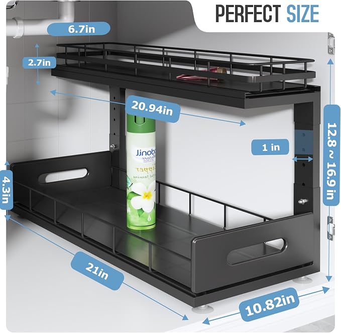 Under Sink Organizer Upgrade To Professional Rails,2-Tier Dual Pull Out Cabinet Storage,Height Adjustable Slide Out Drawers For Bathroom Kitchen,2 Pack-21"Dx12.8"-16.9"H,Black