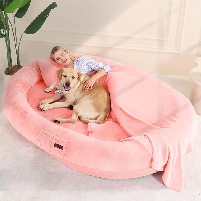 Fvkind Human Sized Dog Beds for People, Human Dog Bed, 70"x33"x12", Pink | Cozy Human Size Dog Bed for Adults and Pets, Thick Orthopedic Egg Crate Foam, Faux Fur Cover, Blanket and Pillow Included