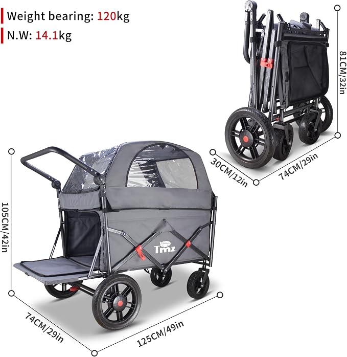 TMZ Collapsible Wagon Cart, Folding Utility Wagon with Breathable Fabric, Canopy, Expandable Storage, Adjustable Handle, Brake, Heavy Duty Cart for Walking & Camping (Grey)