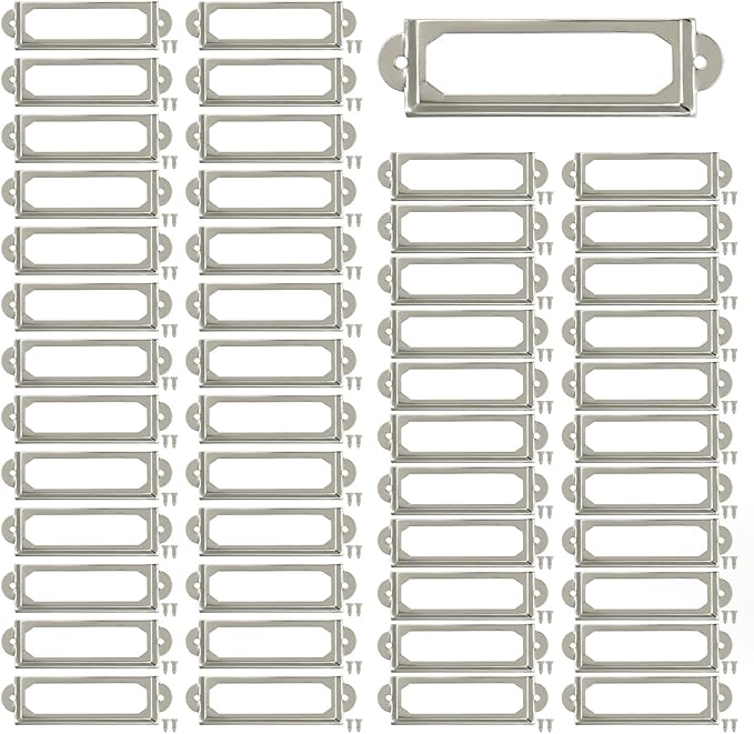 50 Pcs Label Holders Library File Drawer Tags Label Holder Metal Frame Name Card Frame for Drawer Cabinet (Silver)