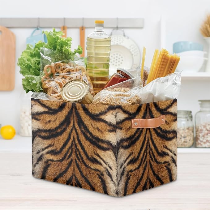 SEULIFE Animal Tiger Leopard Print Foldable Storage Basket, Large Collapsible Organizer Storage Bin Cube Toys Storage Boxes with Handles for Bathroom Kids Nursery Closet Storage, 1 Pack