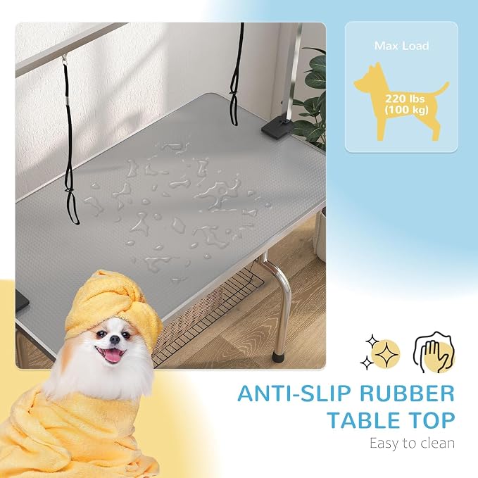 Pet Dog Grooming Table, Foldable Stainless Steel Pet Drying Grooming Table Up to 330lbs, Professional Bathing Desk for Dogs at Home with Adjustable Overhead Arms, Noose, Mesh Tray, 46''/Grey