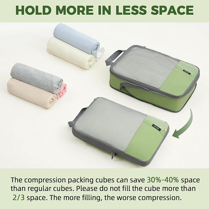 BAGAIL Lightweight Compression Packing Cubes for Travel, 6 Set,Matcha Green | Salis Nylon Fabric,Anti-Tearing,Save Space,SBS Zippers,Packing List,PVC Tag Pocket,Custom Labels,Visible Mesh,Portable Handel