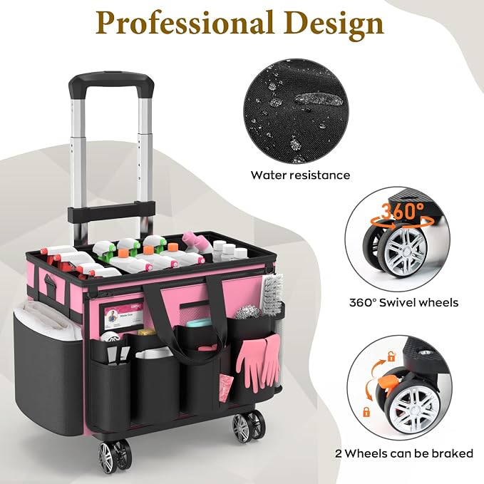 Cleaning Caddy with Wheels - Rolling Cleaning Caddy Bag with Detachable Trolley, Cleaning Caddy for Cleaning Supplies, Cleaning Bag for Housekeeping, Pink