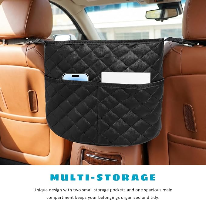 Car Purse Holder Between Seats, Large Capacity PU Leather Auto Front Seat Storage Bag with 2 Extra Pockets, Universal Handbag Organizer Backseat Pet Barrier for SUV Truck RV