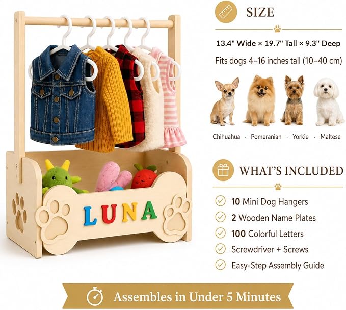 Dog Closet for Small Dogs, Wooden Clothes Rack with 10 Hangers & Toy Bin | Pulchrum personalized DIY name plate, pet apparel organizer for Chihuahua, Yorkie & Pomeranian, pet-parent gift, puppy stand