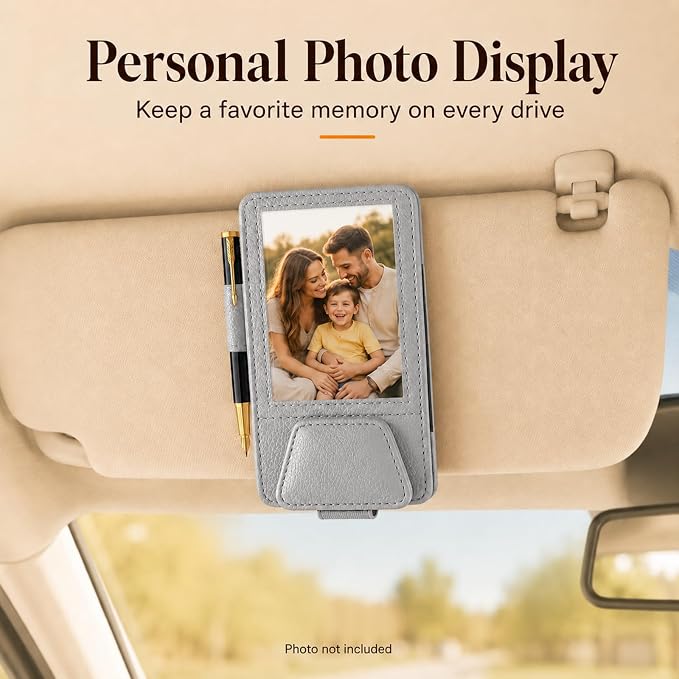 HOLDCY Car Visor Organizer with Registration Holder and Sunglasses Clip | Grey PU Faux Leather With Photo Window, Flip-Open Card Storage, Slim Profile And Tool-Free Setup; 1 Piece