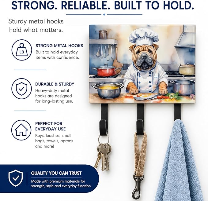 Caroline's Treasures Shar Pei The Chef Leash or Key Holder Wall Hooks, Key Hooks Holder, Coat Rack Wall Mount, Coat Hooks, Hooks for Hanging Keys, Towels, Aprons, Leashes | Shar Pei The Chef artwork on ceramic tile with three steel hooks for keys, leas...