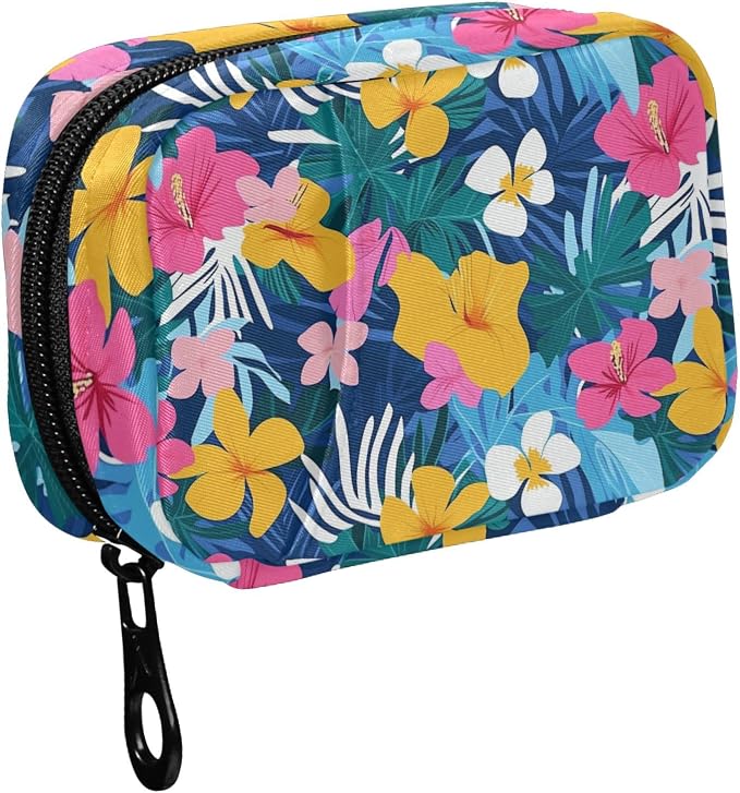 Fustylead Beautiful Colorful Tropical Hibiscus Floral Pill Organizer for Purse, Weekly Portable Pill Box with Zipper to Storage Vitamins Fish Oils Medications Supplements