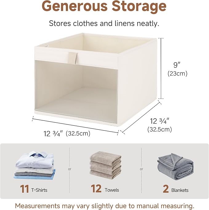 StorageWorks Fabric Storage Bins, Shelf Baskets, Collapsible, Beige, 3-Pack | Wrinkle-Resistant Cottlyn Fabric, Mesh Front Window, Soft Leather Handles, Flip to Show/Hide, Holds Clothes, Towels, Blankets