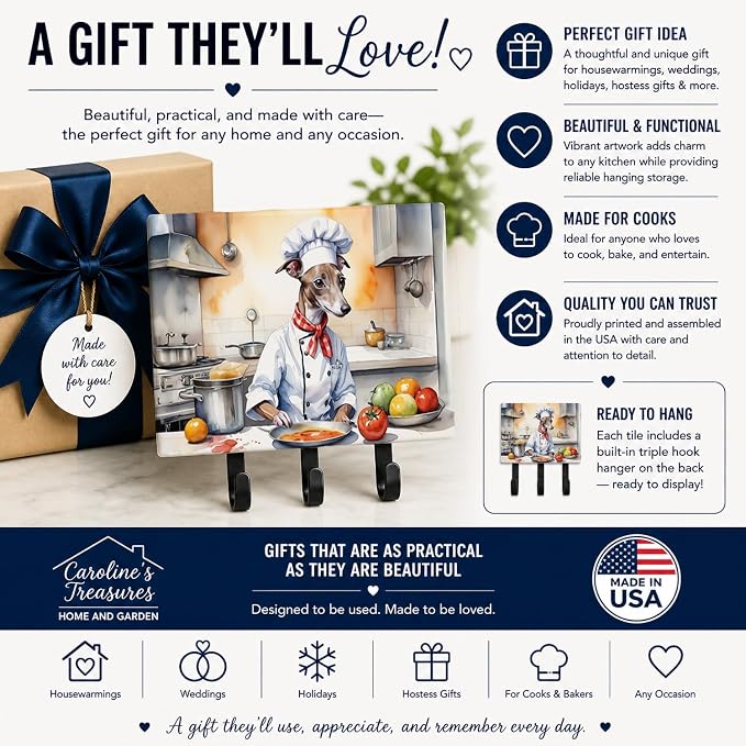 Caroline's Treasures Italian Greyhound The Chef Leash or Key Holder Wall Hooks, Key Hooks Holder, Coat Rack Wall Mount, Coat Hooks, Hooks for Hanging Keys, Towels, Aprons, Leashes | Italian Greyhound The Chef artwork on ceramic tile with three steel ho...