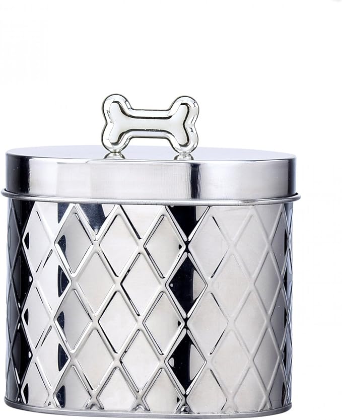 Amici Pet, , Chance Oval Metal Treats Storage Canister, Stainless Steel Diamond Texture, Silver Tone Bone Knob, Food Safe, 52 Ounces | Pet Treat Canister, Diamond-Textured Stainless Steel, Silver Bone Knob Lid, Food-Safe, Compact Countertop Design