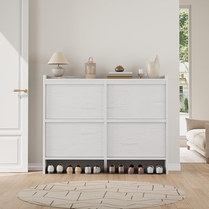 GarveeHome Shoe Cabinet with 4 Flip Drawers, Wooden Shoe Organizer Cabinet with Adjustable Shelf, Shoe Storage for Entryway, Hidden Shoe Cabinet for Hallway, Living Room, White