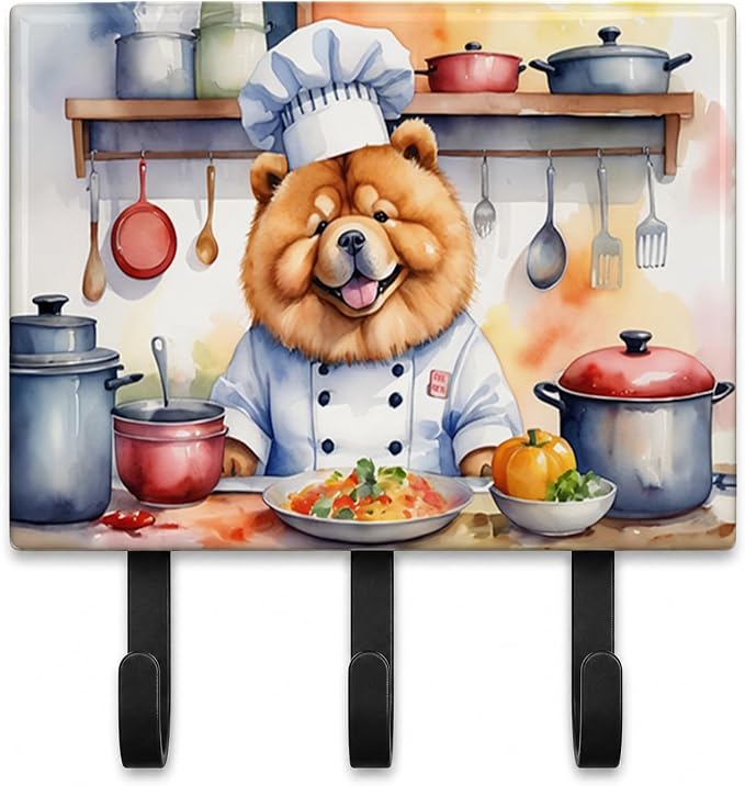 Caroline's Treasures Chow Chow The Chef Leash or Key Holder Wall Hooks, Key Hooks Holder, Coat Rack Wall Mount, Coat Hooks, Hooks for Hanging Keys, Towels, Aprons, Leashes | Chow Chow The Chef artwork on ceramic tile with three steel hooks for keys, le...
