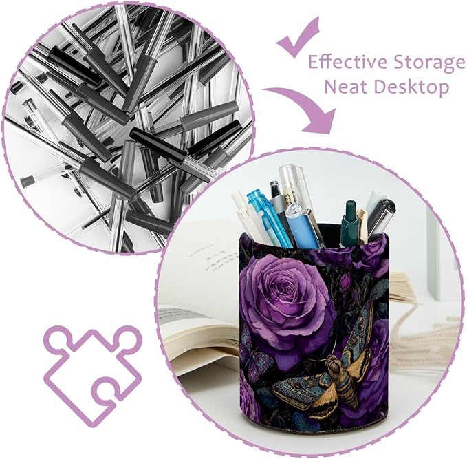 Faux Leather Pen Holder for Desk, Pencil Organizer Purple Flowers Pen Cup Desk Decor Makeup Brush Holder Storage for Office Home
