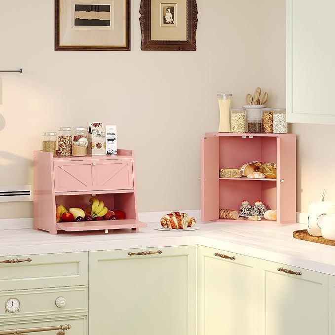 Trironsun Corner Bread Box for Kitchen Counter Double Layer Bamboo Bread Storage Container Large Capacity Bread Storage Bin Farmhouse Breadbox Organizer (Pink)