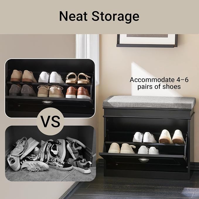 Haotian Black Hallway Shoe Bench, Narrow Shoe Rack Entryway, Small Shoe Cabinet with Flip-Drawer and Seat Cushion, FSR82-K-SCH