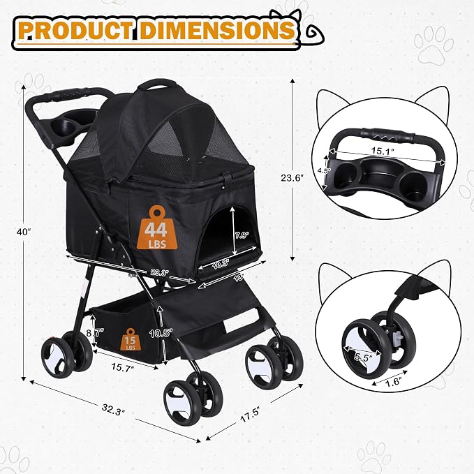 4 Wheels Foldable Pet Dog Cat Jogger Stroller Travel Carrier Strolling Cart w/Waterproof Cover Storage Basket Cup Holder & Detachable Carrier for Medium Small Cat Dog, Black