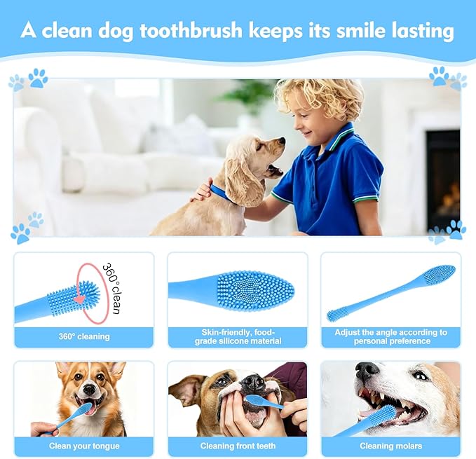 Dog Toothbrush，2-piece Dog Tooth Brushing kit，cat Toothbrush,Food-Grade Silicone Dog Tooth Brush for Cleaning Teeth Suitable for Small，Medium and Large Pets (Blue)
