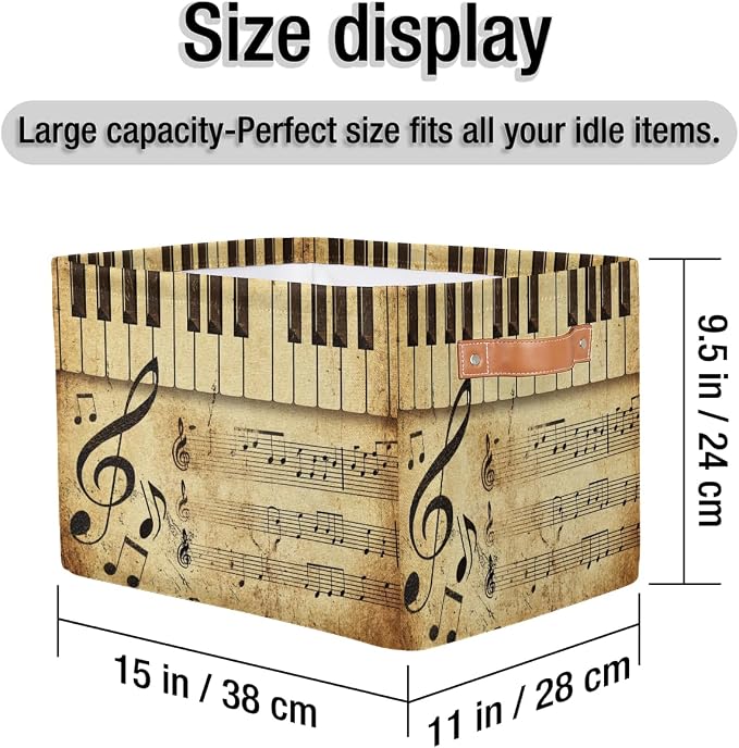 AUUXVA Storage Basket Vintage Music Note Piano Key Storage Cube Box Durable Canvas Collapsible Toy Basket Organizer Bin with Handles for Shelf Closet Bedroom Home Office