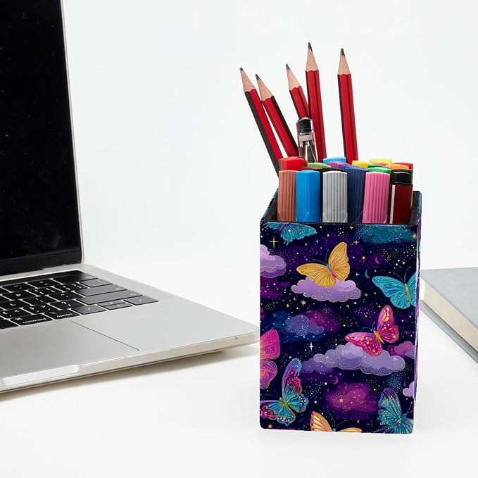 Butterfly Pen Holder for Desk Decor, Rectangular PVC Leather Pencil Cup for Desk Pen Organizer, Makeup Brush Holder for School, Home, Office