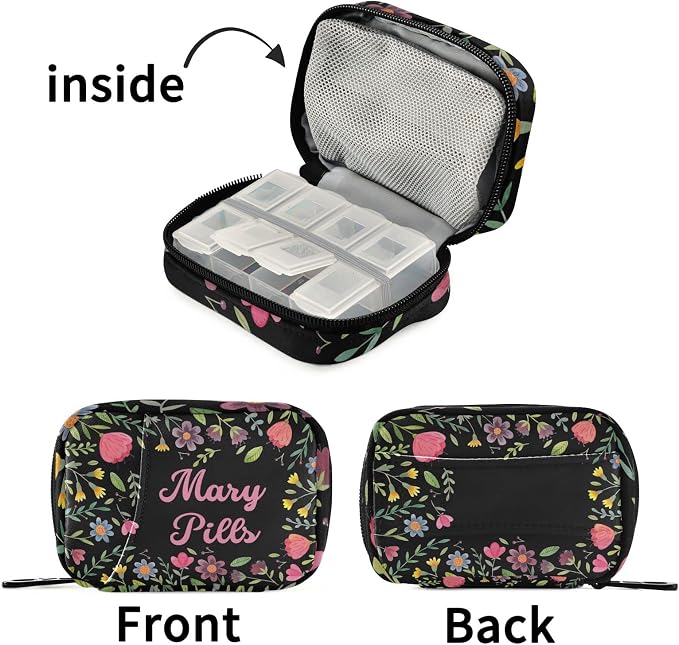 Custom Pill Box 7 Day Pill Case Bag Floral Flowers Personalized Name Travel Pill Organizer Bag with Zipper Portable Weekly Case Compact Size for Vitamin Supplement Holder