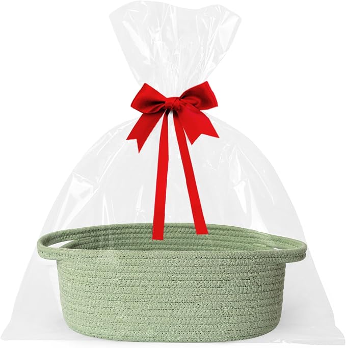 Small Baskets for Gifts Empty, 13"x 9"x 5" Woven Gift Basket with Bag and Ribbon, Cotton Rope Kids Dog Cat Toy Bin Box, Cute Baby Nursery Organizer, Decorative Storage with Handles, Green
