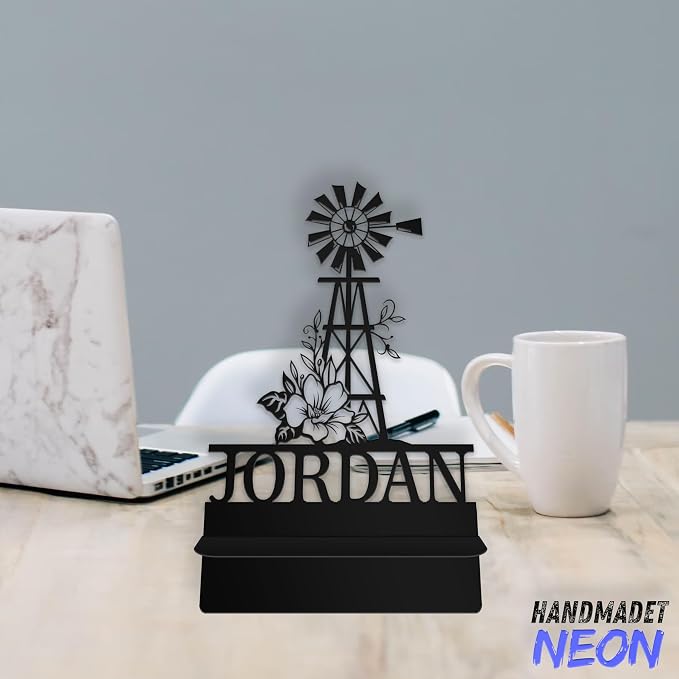 Personalized Farmhouse Windmill Phone Holder, Custom Name Metal Desk Stand, Natural Accessories Dock, Tablet, Smartphone Stands, Gifts For Friends, Home Lovers, Teens, Christmas