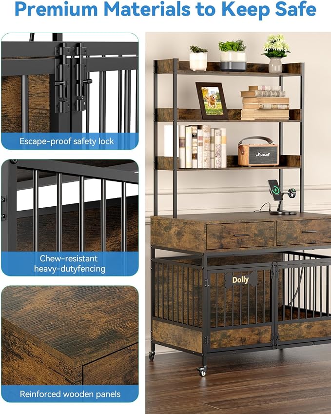 Petrova 40" Dog Crate Furniture with LED Light & 2 Storage Drawers, Heavy Duty Indoor Dog Kennel for Medium/Small Dogs, Wooden Dog Cage with Power Outlets, Charging Station, Lockable Wheels, Brown