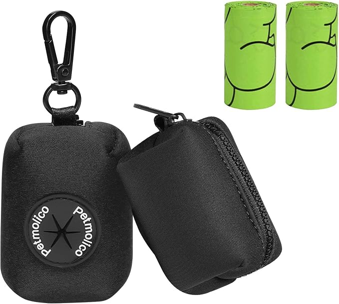 Petmolico Dog Poop Bag Holder Dispenser 2 Pack, Black | Zippered pouch fits any leash, includes free roll of bags, lightweight & portable for daily walks, travel & outdoor use