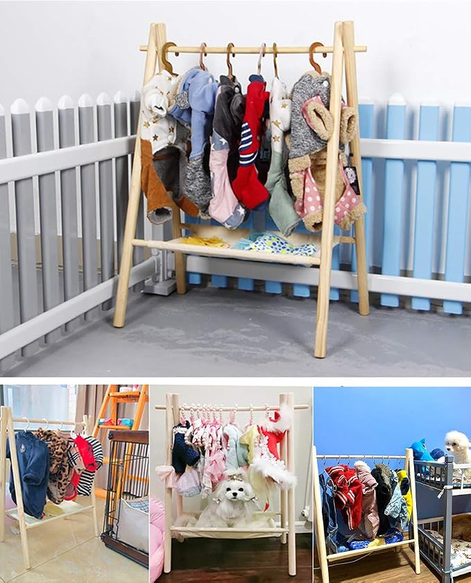 Garment Rack for Pets/Dolls/Baby, Hanger Rack, Dress up Storage, Clothes Organizer, Wooden (Beige, Large)