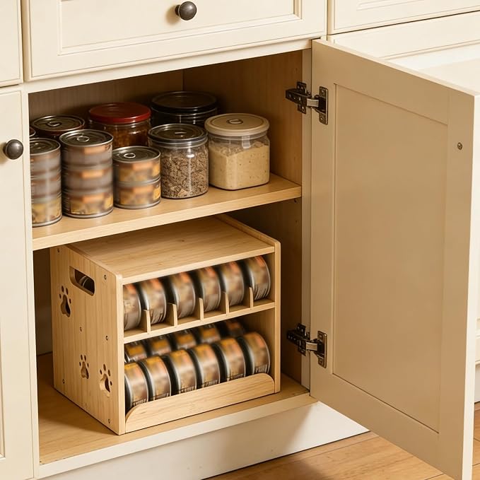 JALZ JALZ Bamboo Cat Food Can Dispenser 2-Tier Gravity Pet Food Storage Rack | Compact 2-tier organizer maximizes vertical space in your pantry, cabinet, or countertop