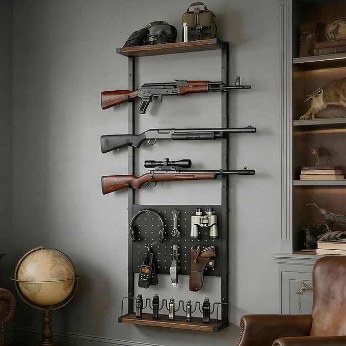 Indoor Gun Rack for Wall, Premium Wood & Metal Rifle Rack & Pistol Holder | Gun Wall Mount Display with Pegboard & Shelf, Versatile Storage for Shotgun Sword Bow for Home Gun Room, Garage and Man Cave
